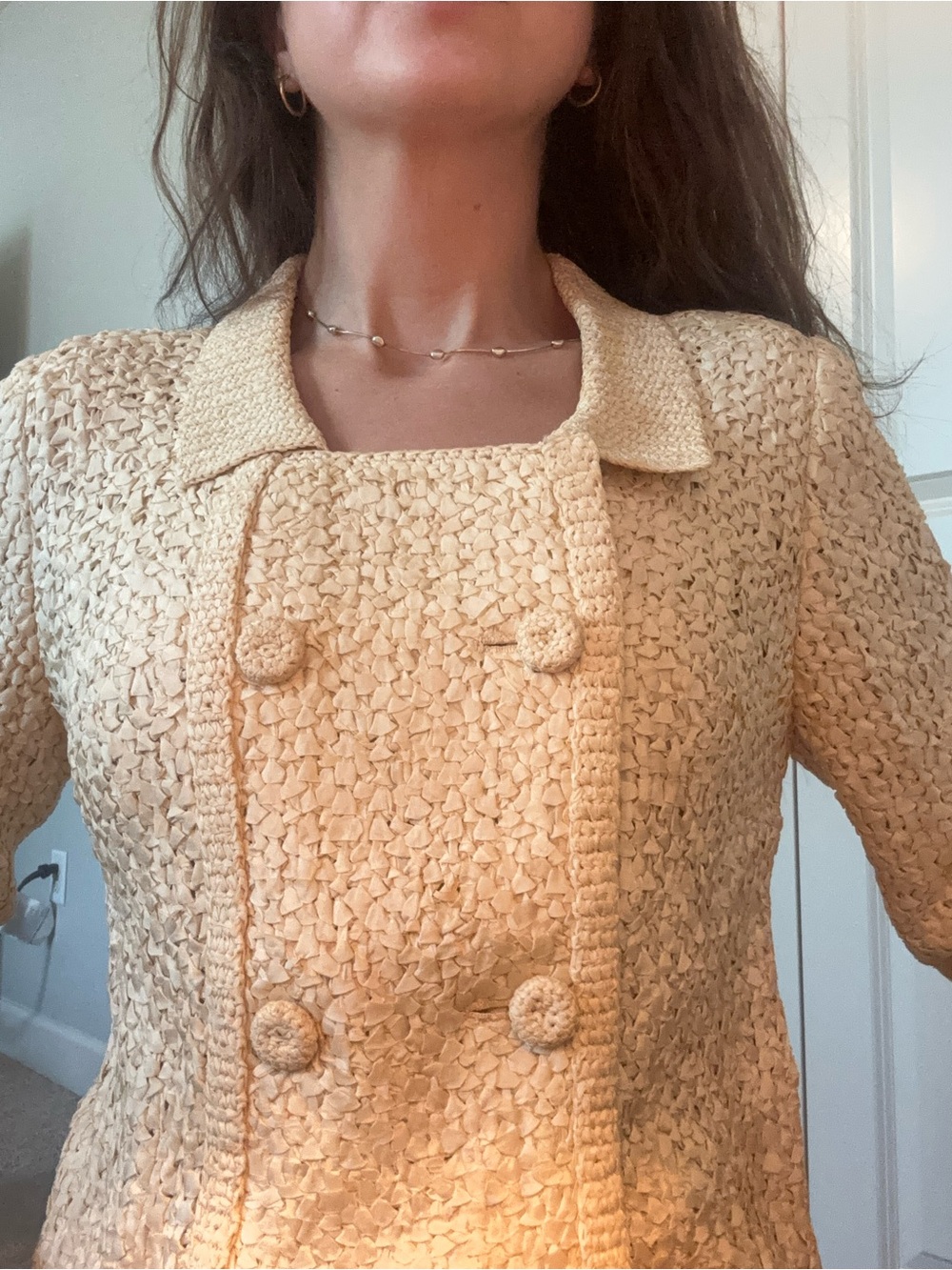 Vintage 60s Hand Crocheted Ribbon Raffia Suit Set Cream Jacket Skirt Italian - Picture 3 of 13